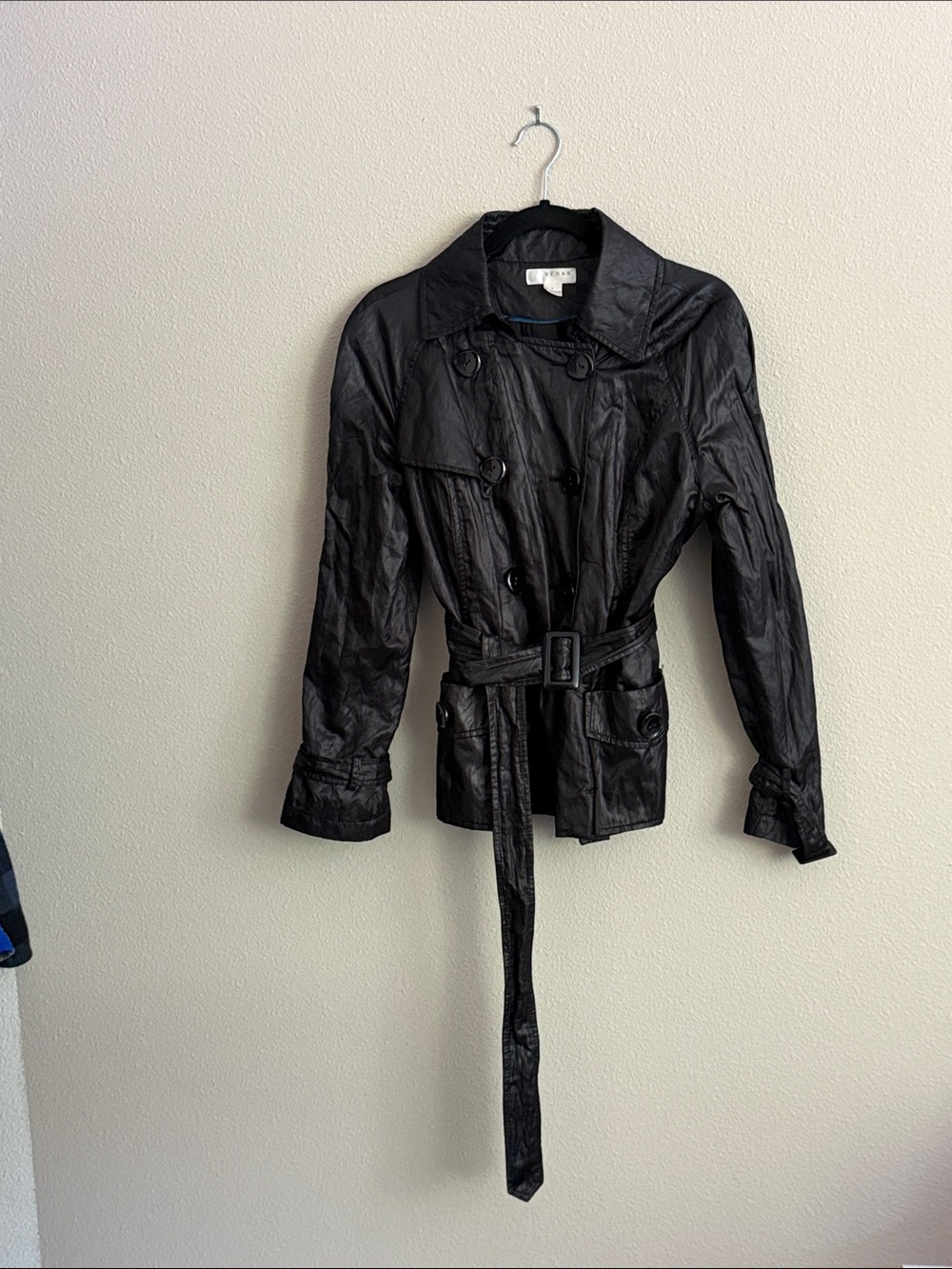Kenar Black Double-Breasted Belted Trench Coat. Satin finish.